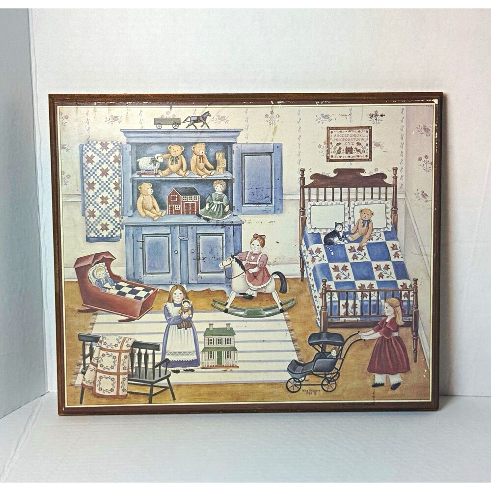 1985 Americana Art Nita Showers Framed Folk Art Print "Our Favorite Toys"11x13